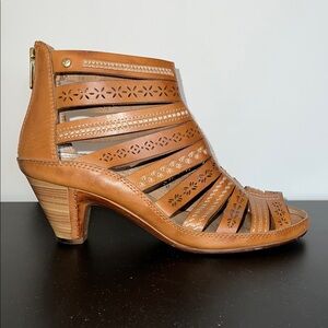 Pikolinos Cognac Strappy Gladiator Style Cutout & Stitched Leather Ankle Booties